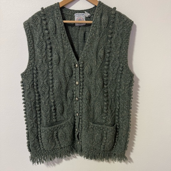 Cape Isle Knitters Sweaters - Cape Isle Knitters Shetland Wool Cable Knit Bobble Button Vest Green Hand Knit-M